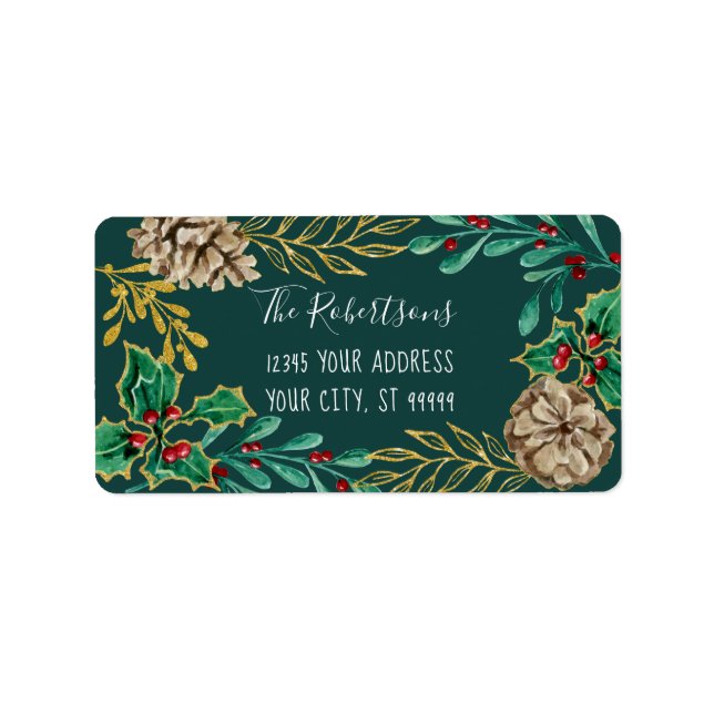 Forest Pine Cone Christmas Watercolor Greenery Label (Front)
