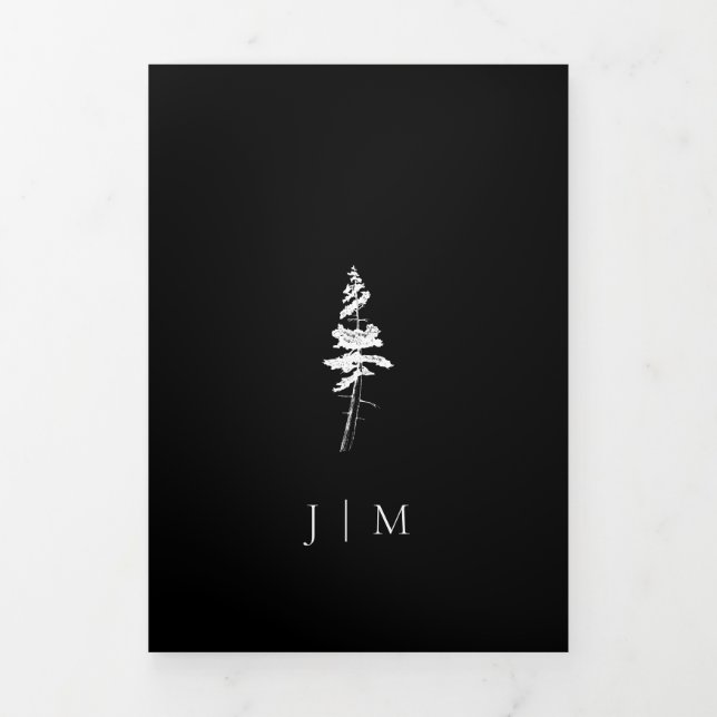 Forest Pine Tree Black Modern Wedding Tri-Fold Card (Cover)