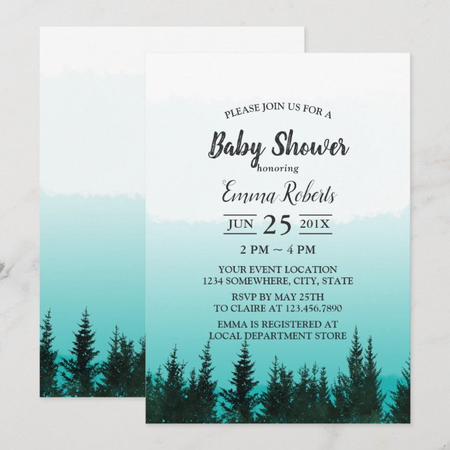 Forest Pine Trees Elegant Watercolor Baby Shower Invitation (Front/Back)