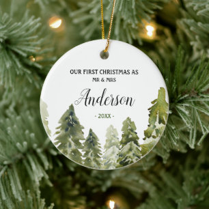 Forest Pine Trees First Christmas as Mr and Mrs Ceramic Ornament
