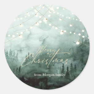 Forest,Pine Trees,String Lights Green  Classic Round Sticker