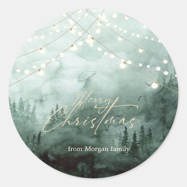 Forest,Pine Trees,String Lights Green  Classic Round Sticker (Front)