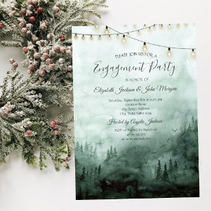 Forest,Pine Trees,String Lights Green Engagement   Invitation