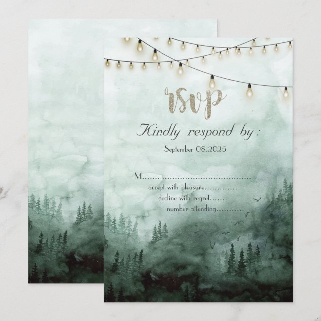 Forest,Pine Trees,String Lights Green  RSVP  Invitation (Front/Back)
