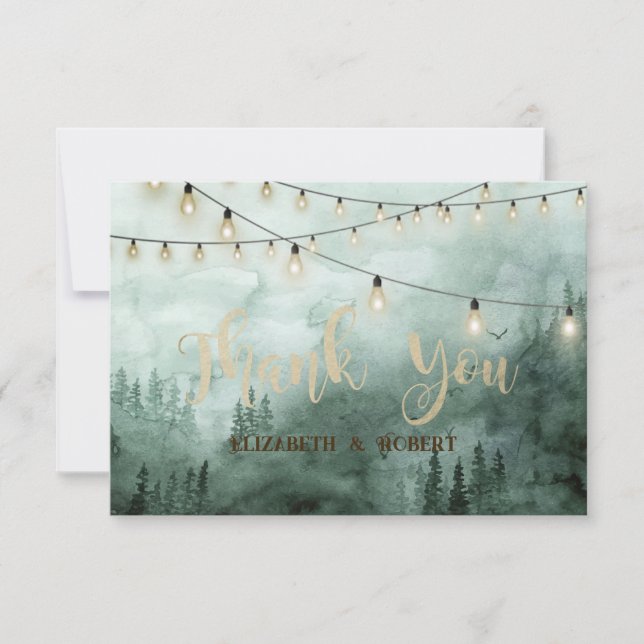 Forest,Pine Trees,String Lights Green Thank You Card (Front)