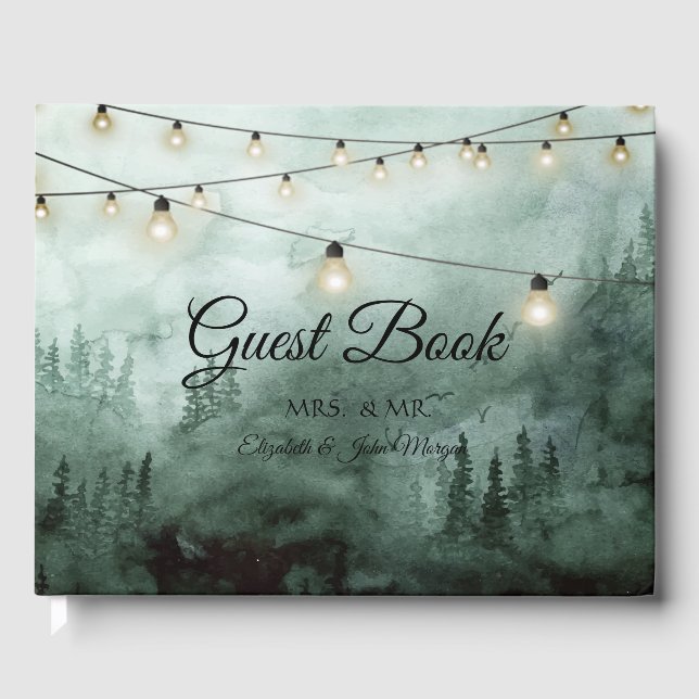 Forest,Pine Trees,String Lights Green Wedding Guest Book (Front)