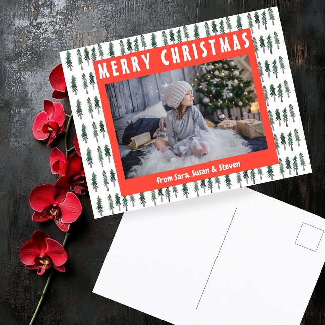 Forest Pine Trees Watercolor CUSTOM PHOTO Holiday Postcard (Forest Pine Trees Watercolor CUSTOM PHOTO Holiday Christmas Postcard
)