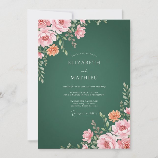 Forest Pink Ranunculus Eucalyptus Wedding Invitation (Front)