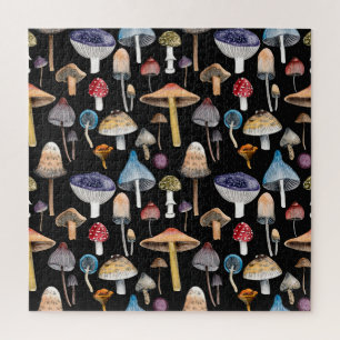 Forest plants: watercolor mushrooms, leaves patter jigsaw puzzle