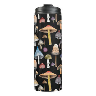 Forest plants: watercolor mushrooms, leaves patter thermal tumbler