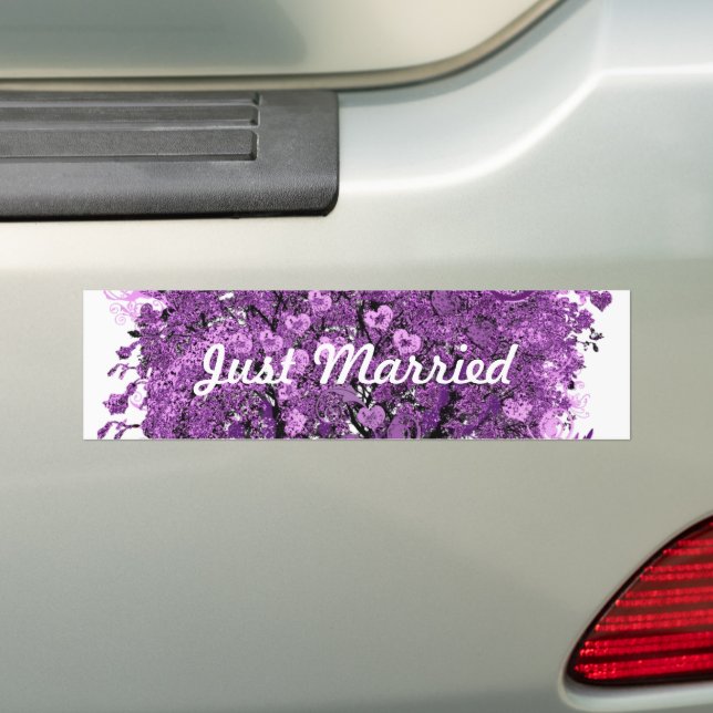 Forest Purple Heart Leaf Tree Wedding Bumper Sticker (On Car)