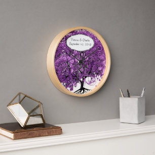 Forest Purple Heart Leaf Tree Wedding Clock
