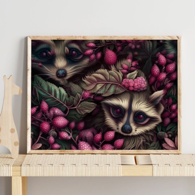 Forest Raccoon Pink Berries | Raccoon Wall Print (Creator Uploaded)
