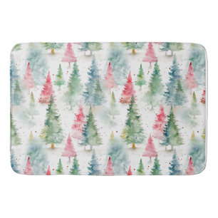 Forest, Red Green Pine Trees Holiday Bath Mat