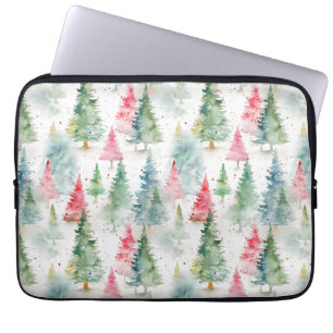 Forest, Red Green Pine Trees Holiday Laptop Sleeve