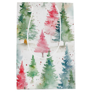 Forest, Red Green Pine Trees Holiday Medium Gift Bag