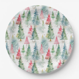 Forest, Red Green Pine Trees Holiday Paper Plate