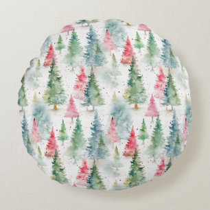 Forest, Red Green Pine Trees Holiday Round Pillow