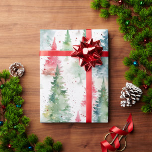 Forest, Red Green Pine Trees Holiday Wrapping Paper
