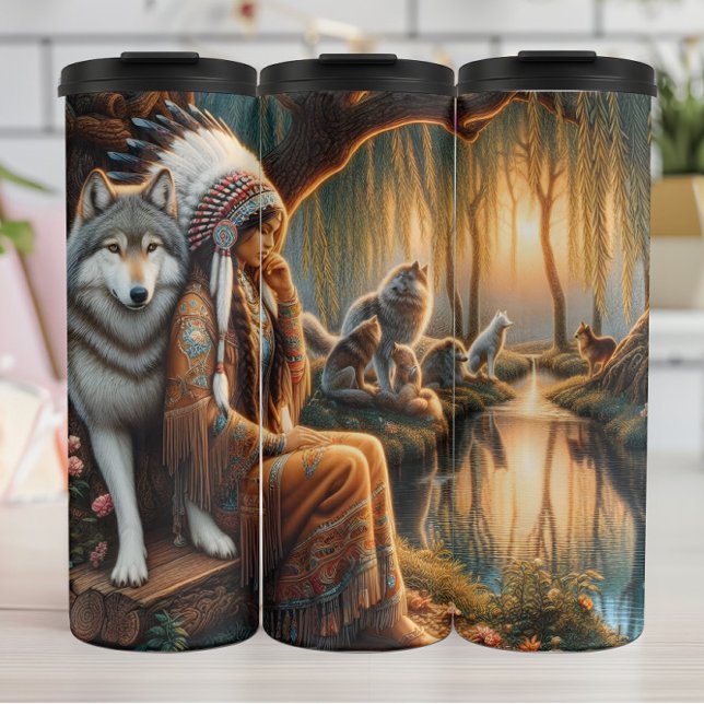 Forest Reflection: Woman and Wolves. Thermal Tumbler (Creator Uploaded)