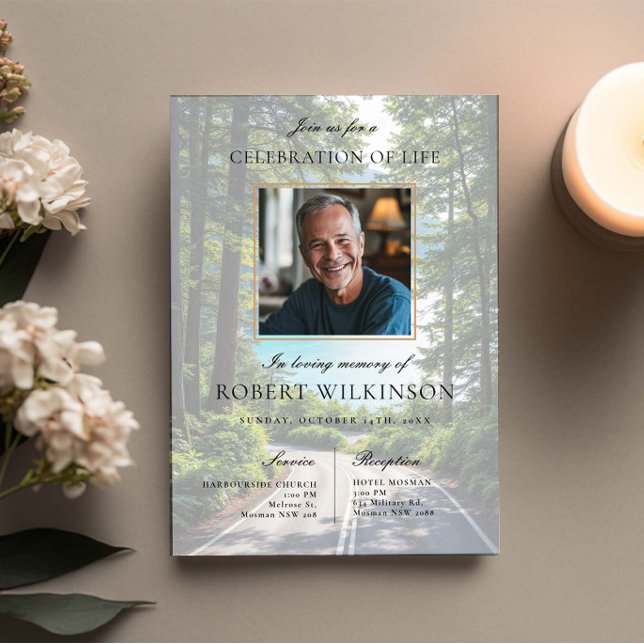 Forest road celebration of life Funeral Photo Invitation (Creator Uploaded)