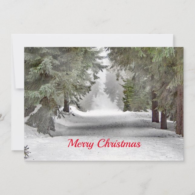Forest Road Snow Pine Trees Photo Christmas Flat Holiday Card (Front)