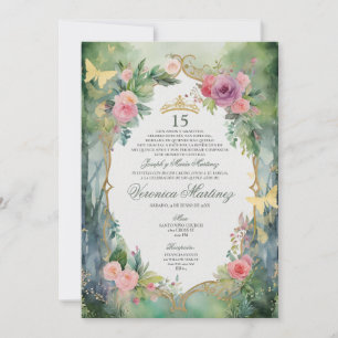 Forest Sage Green Pink Floral Sweet 15 Quinceañera Invitation