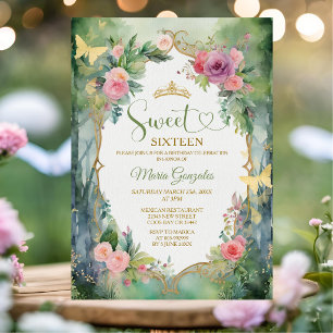 Forest Sage Green Pink Floral Sweet Sixteen Party Invitation