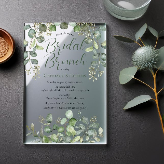 Forest Sage Green Seeded Eucalyptus Bridal Shower Acrylic Invitations (Elegant Forest and Sage Green Seeded Eucalyptus Bridal Brunch Acrylic Invitations)