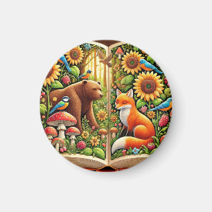 Forest Scene With Bear, Fox, Sunflowers Magnet