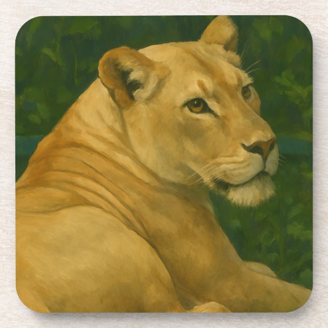 Forest Sentinel – Resting Lioness in Golden Light Coaster (Front)