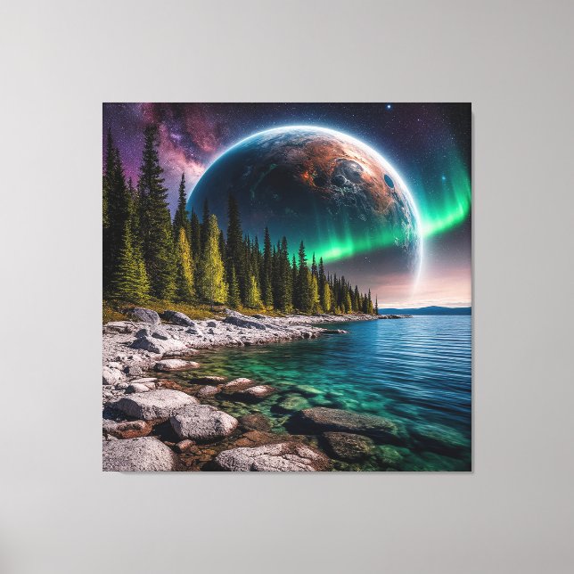 Forest Shore Under a Cosmic Sky With Aurora Canvas Print (Front)
