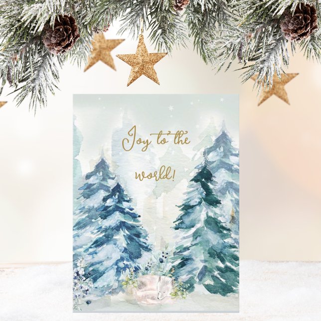 Forest Snow Christmas Trees Card ("Joy to the World" winter wonderland Christmas greeting card. Watercolor in beautiful white wolf.)