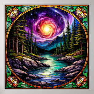 Forest Stream Under Cosmic Night Sky Poster