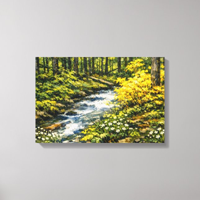 Forest Stream with Yellow Wildflowers Canvas Print (Front)