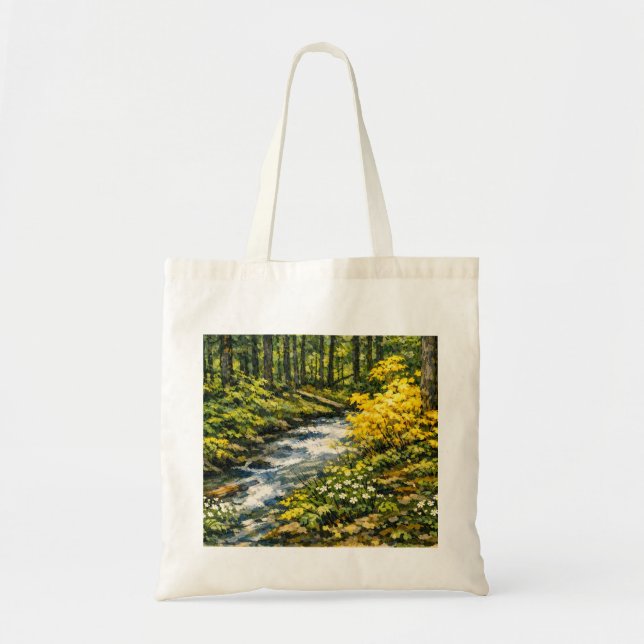 Forest Stream with Yellow Wildflowers Tote Bag (Front)