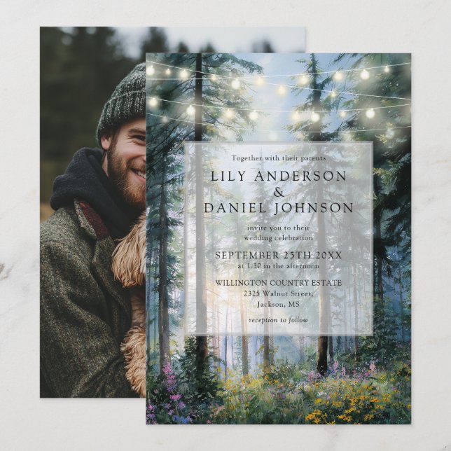 Forest String Lights Floral Rustic Wedding Photo Invitation (Front/Back)