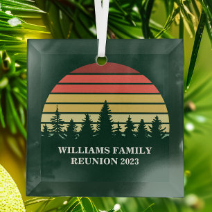 Forest Sunset Camping Trip Custom Family Reunion Glass Ornament