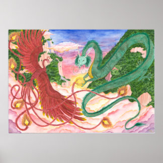 Forest Sunset Dragon and Phoenix Poster