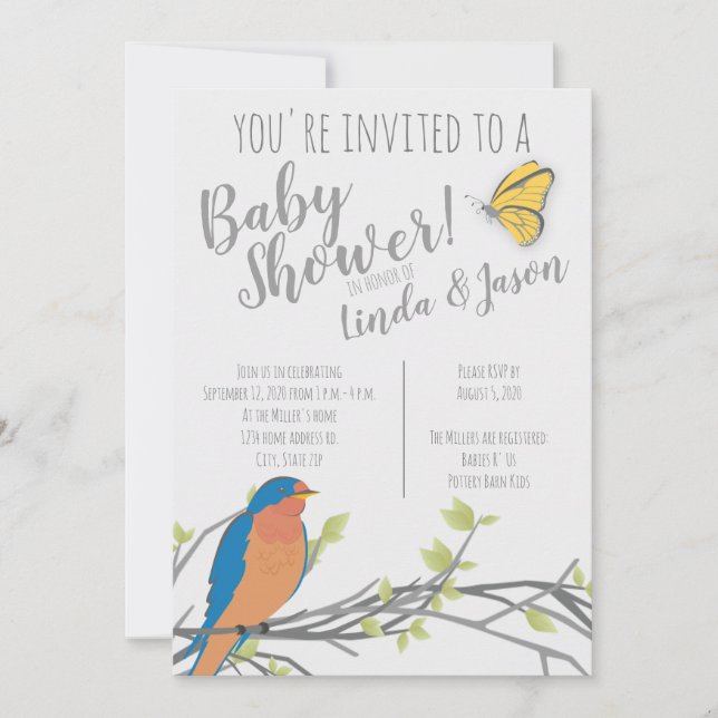 Forest Theme  Baby Shower with Bluebird & Foliage Invitation (Front)