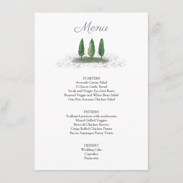 Forest Tree Lavender Wedding Service Menu (Front)