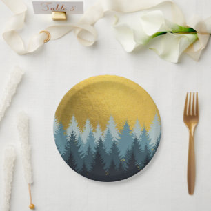 Forest Trees Golden Landscape Paper Plate