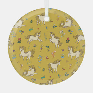 Forest Unicorn: Vintage Floral Pattern Glass Ornament