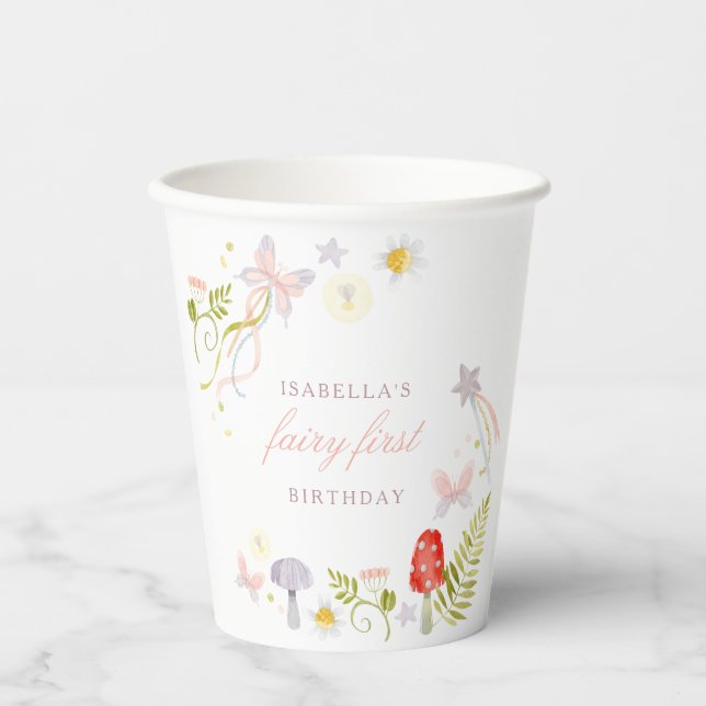 Forest Watercolor Greenery Fairy First Birthday Paper Cups (Front)