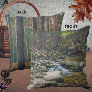 Forest waterfall and pine forest throw pillow