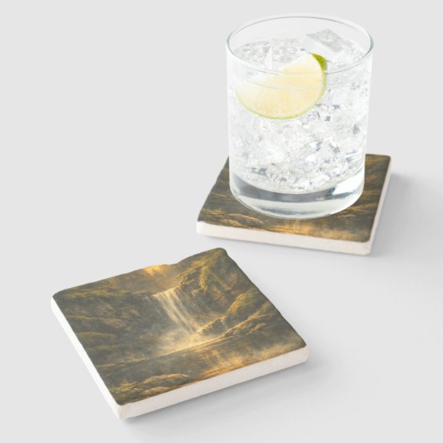 Forest Waterfall Painterly Limestone Stone Coaster (Side)