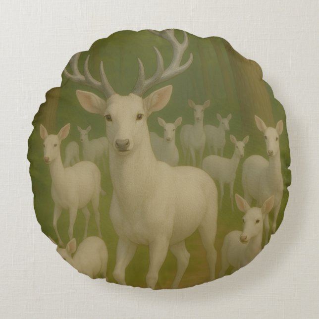 Forest white deer round pillow (Front)