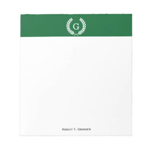Forest White Wheat Laurel Wreath Initial Monogram Notepad