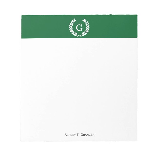 Forest White Wheat Laurel Wreath Initial Monogram Notepad (Front)