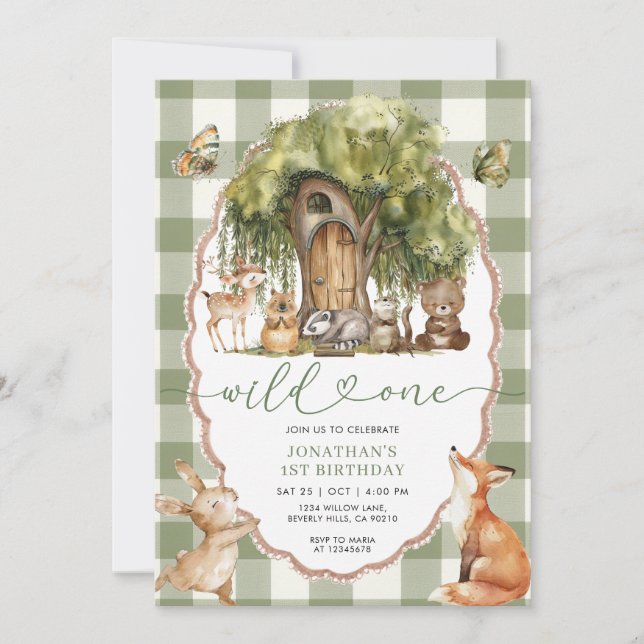 Forest Wild One First Birthday Woodland Animals Invitation (Front)